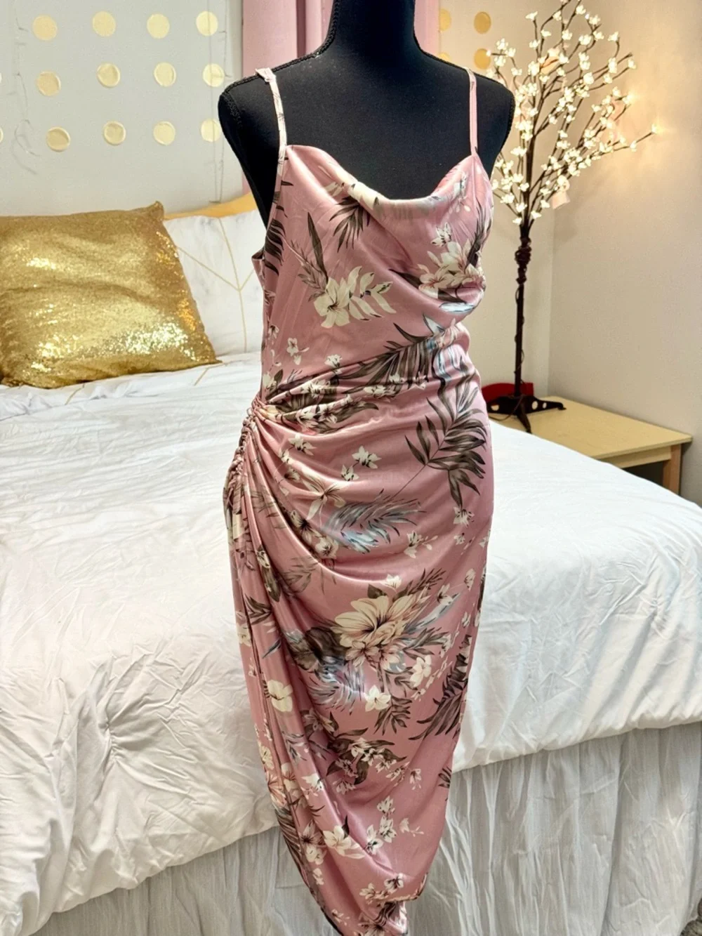 Mauve Floral Cowl Neck Ruched Slip Dress - Picture 3 of 8